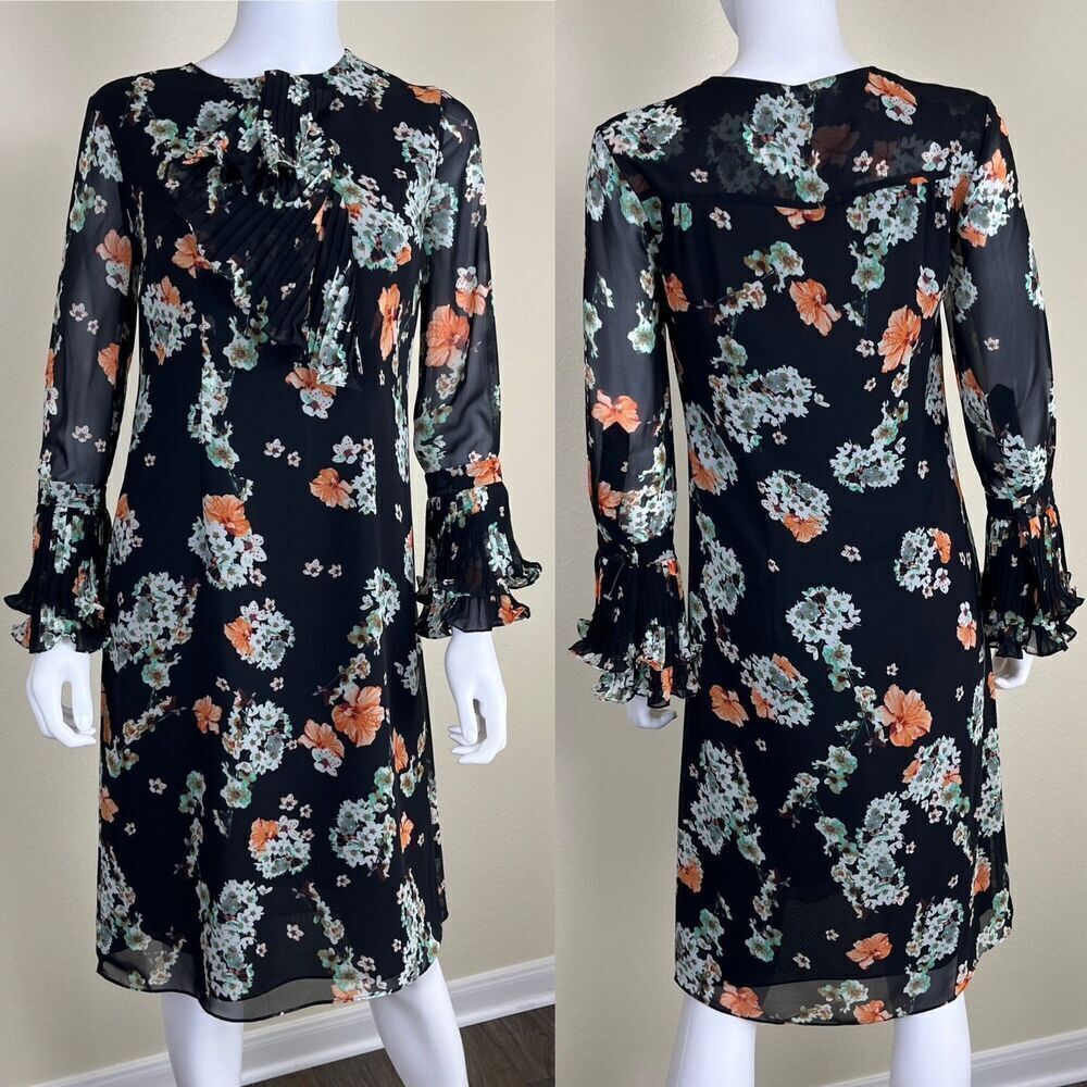 Mikael Aghal Women's Size 2 Floral Ruffle Pleated Sheer Dress Chiffon Victorian